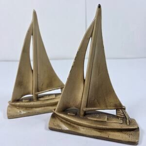 Vintage Cast Iron Sailboat Bookends Nautical Cream Painted Mid Century Boat Deco